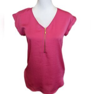 Express bright pink short sleeve v-neck quarter zip silky polyester blouse XS